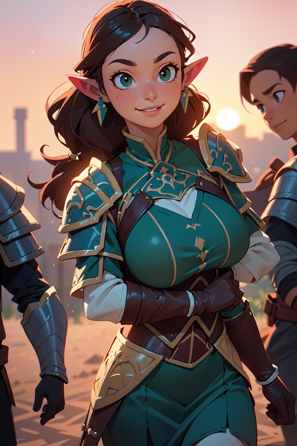 1 woman, ((huge breasts)), (masterpiece), (extremely intricate:1.3), (realistic), ((renaissance)), beautiful, (((leather armor, black gloves, shoulder armor))), green skirt and tunic,, intense sunlight, painting of a stunning woman, ((pointed ears, long ears)), long straight hair, brown hair, green eyes, detailed, sharp focus, dramatic, cinematic lighting, (blurry background, blurry foreground, depth of field, sunset, motion blur:1.3), exposure blend, medium shot, high contrast, smirk, smile, pointy ears