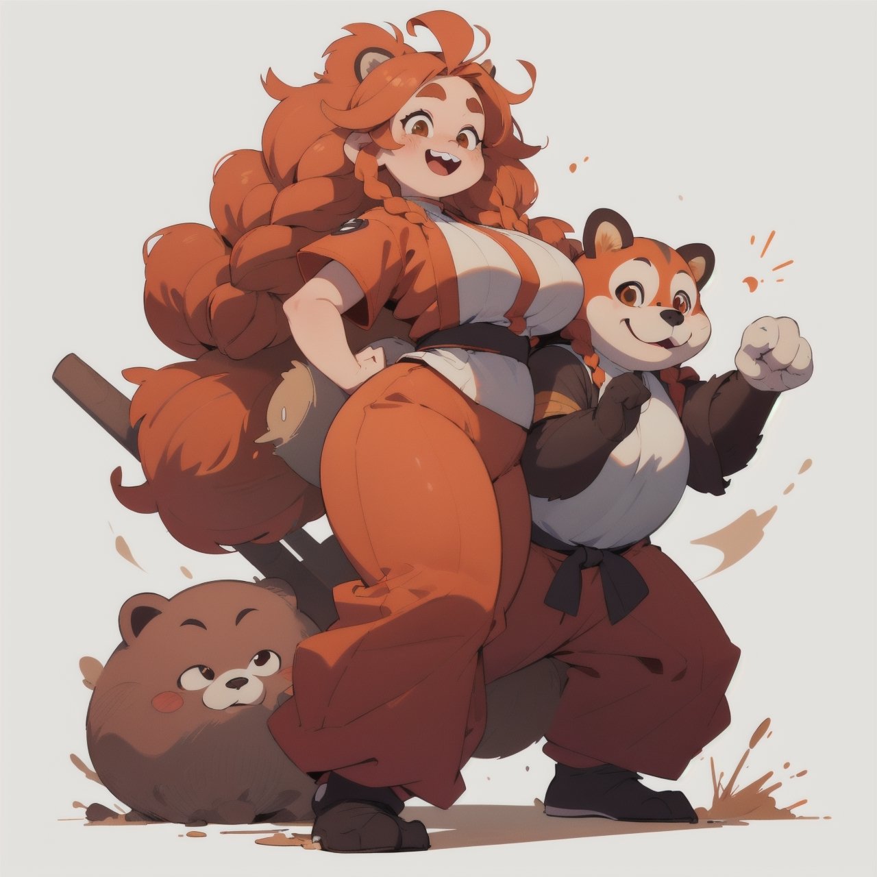 anime illustration, cute, chubby, ((martial artist, monk)), 1girl, happy, ((shortstack, curvy figure, overweight, large breasts, thicc)),  (orange hair, big hair, messy hair, big twin braids), thick eyebrows,  red-panda girl, anthro, furry, (baggy pants, shin armor), full body, 
