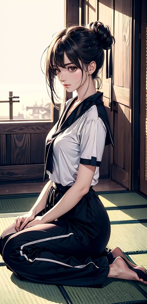 {{{masterpiece}}}, {{{best quality}}}, {{{ultra-detailed}}}, {cinematic lighting}, {illustration}, 1girl,long hair,hair bun,kneeling on the tatami,side view,wearing a black wafuku,Light through a Japanese door behind the model,reflection on the floor,low key light,looking forward,eyes covered by hair,Samurai girl,solitude