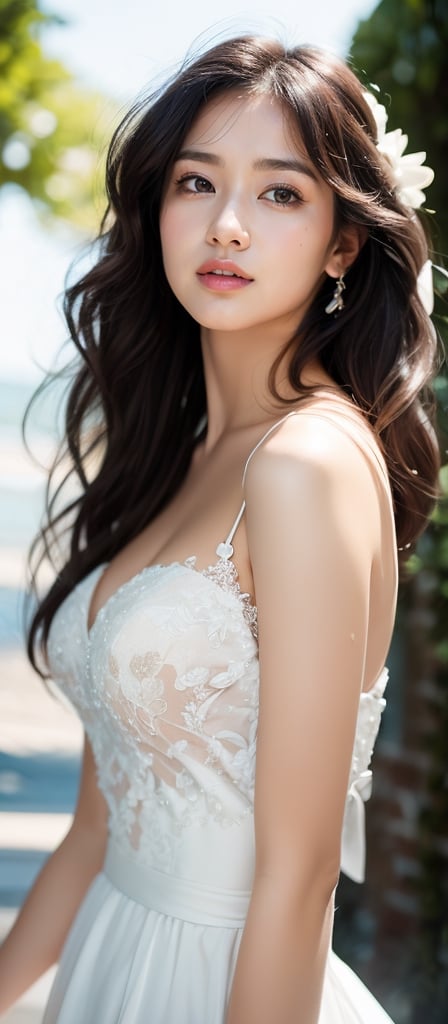 1girl, wavy hair, 1:3 body length portrait, (RAW photo, best quality), sharp and bright, el_v1,pp_v3, face front,looking up, bridal_hairstyle