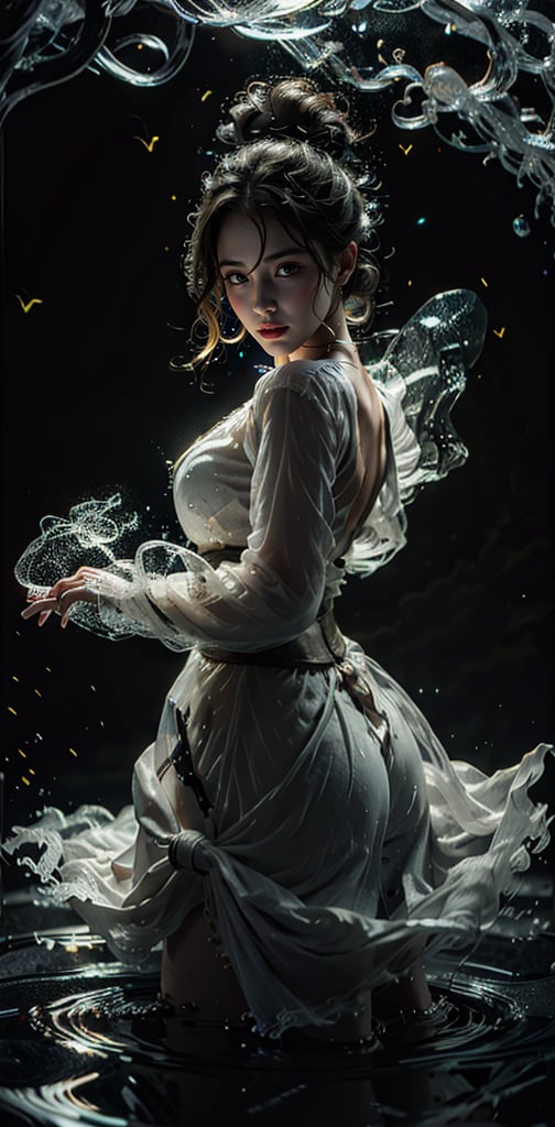 best quality, masterpiece, beautiful and aesthetic, 16K, (HDR:1.4),(Bright and intense:1.2), 	 ,best quality, highres, Maska, solo, ((white dress)) and brown hair, brown eyes, short hair, earrings,large breasts,comic style,skirt_lift,xuer martial arts,firefliesfireflies,bzhw,pantypull,Samurai girl, studio lighting for the girl face