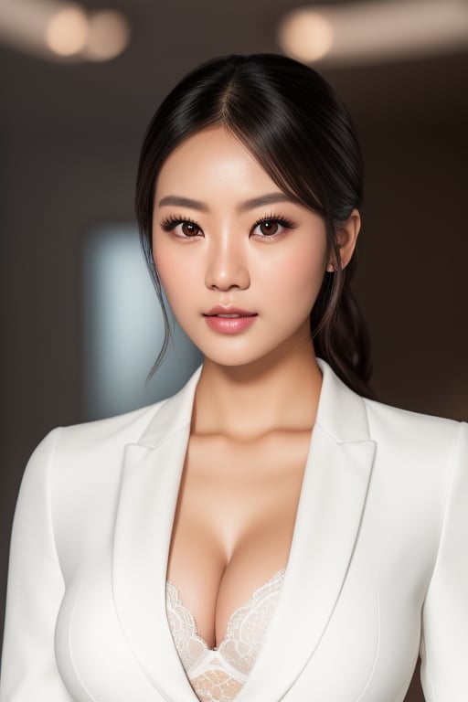 masterpiece, best quality, photorealistic asian female sexy full body, (cleavage), 1_girl, (finely detailed beautiful eyes and detailed face),(highly detailed:1.1, cinematic, bust_shot, (busty breasts), detailed face, ProfessionalDetail AmericanHeritage-Pos,, eyes seductively looking at viewer, realistic ray traced global illumination extremely detailed CG unity 8k wallpaper, white, photographed with a sony a9 II mirrorless camera, 100 iso, f/2, depth of field, hard focus