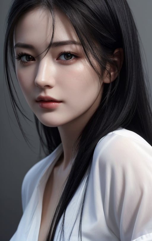Best quality, masterpiece, ultra high res, (photorealistic:1.37), raw photo, 1girl, long black hair, black eyes,  detailed eyes and face, perfect anatomy. perfect fingers.  white shirt, dynamic lighting, in the dark, deep shadow, low key, 
