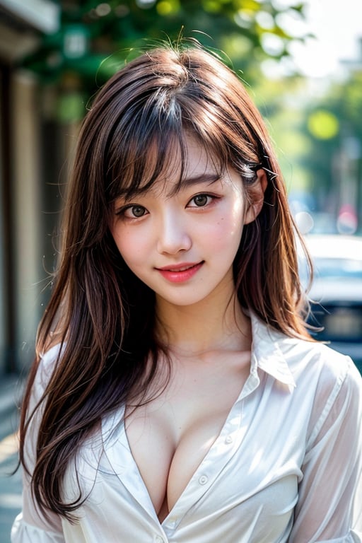 ((Best quality, 8k, Masterpiece, realistic)),
busty woman, big breasts, exposed cleavage, soft breasts,
perfect 18 years old korean girl, 
ultra-detailed face, stunning beautiful face,
smile,
beautiful messy hairstyle,
delicate eyes, double eyelids
outdoor street,
unbuttoned small shirt,