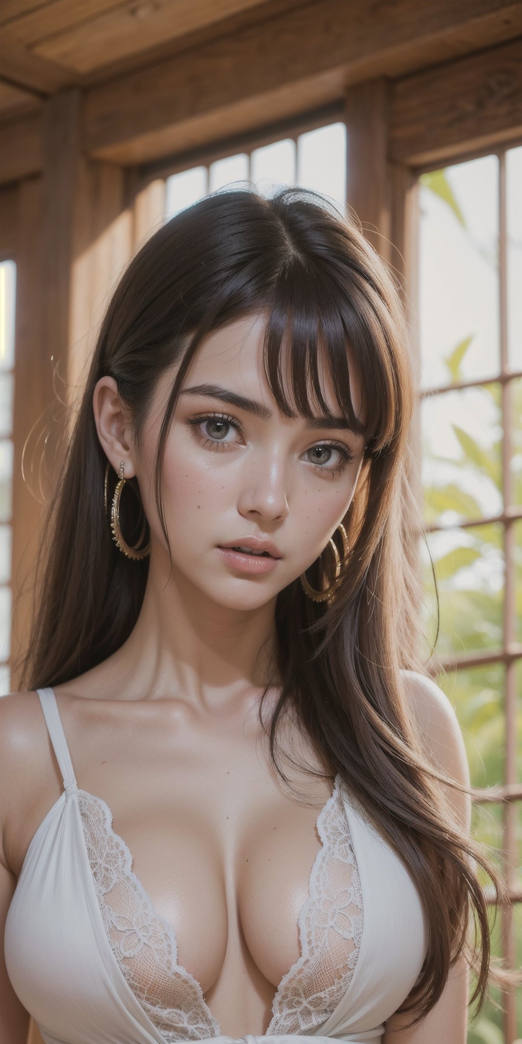 Protrait, photograph, photorealistic brazilian girl, 20 years old, brunette supermodel, beautiful delicate jaw, delicate features, beautiful face, stunning  dreadlocked hair, long bangs, long ponytail, bright blue-brown eyes, hindu art, brazilian, (1 girl, 1girl, 1_girl), focus, intricate detailed, high detail,(looking directly at camera), (incredibly absurdres, ultra-detailed,CG ,unity ,8k wallpaper),(masterpiece),((ultra realistic)),(photorealistic:1.5),(raw photo:1.2), (best quality:1.2), (detailed face :1.4),(beautiful detailed eyes :1.2),(detailed hair),((detailed breasts)), ((saggy natural medium breasts)),((pronounced sexy cleavage)),((sexy natural medium breasts)),cinematic image,  (Beautiful eyes), (Best quality), ((magic beautiful face)), busty, (Ultra detailed), (Detailed face), Solo
