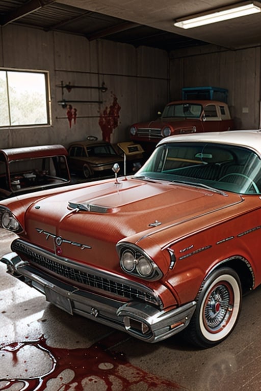 A photo realistic image of a complete rusted, four-door, (((blood red))), (((1958 Plymouth Fury))) in an old garage full of tools, night, focus on the intricate details of its faded paint job, the wear and tear on the tires, and the aged textures of the metal body. Use the multi-prompt "car::photorealistic::rust" with a prompt weighting of "rust" to emphasize the aged textures and worn out look of the car, car,photo r3al