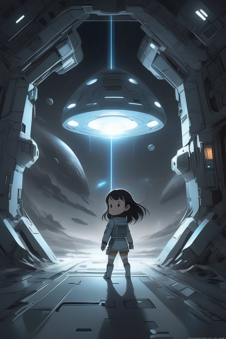 avatar cute, adorable girl, Girl in underpants, spaceship inside, Tsutomu Nihei style, Sidonia no Kishi, gigantism, laser generator, multi-story space, futuristic style, Sci-fi, laser at center, laser from the sky, energy clots, acceleration, light flash, speed, anime, drawing, full body, chibi,