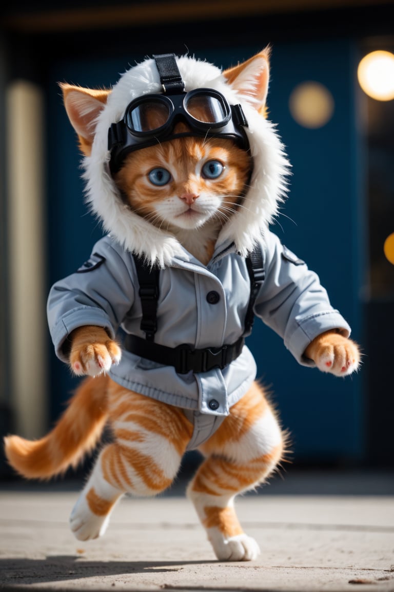 Movie still ((BBC style)) photo of cute orange kitten Kitten Gangster in (wildlife), in the air, suspended by parachute, goggles, expression super happy, having fun, baseball cap, sweatpants, hooded shirt, white and gray fur, thick fur, blue eyes, shallow depth of field, vignette, highly detailed, high budget, bokeh, wide format cinema, moody, epic, gorgeous, film grain, grainy, high quality photography, 3 Spot lighting, softbox flash, 4k, Canon EOS R3, hdr, smooth, sharp focus, high resolution, award-winning action photos, jump shots, 50mm, wide angle shot, away from camera, full length, f2.8, bokeh, side view