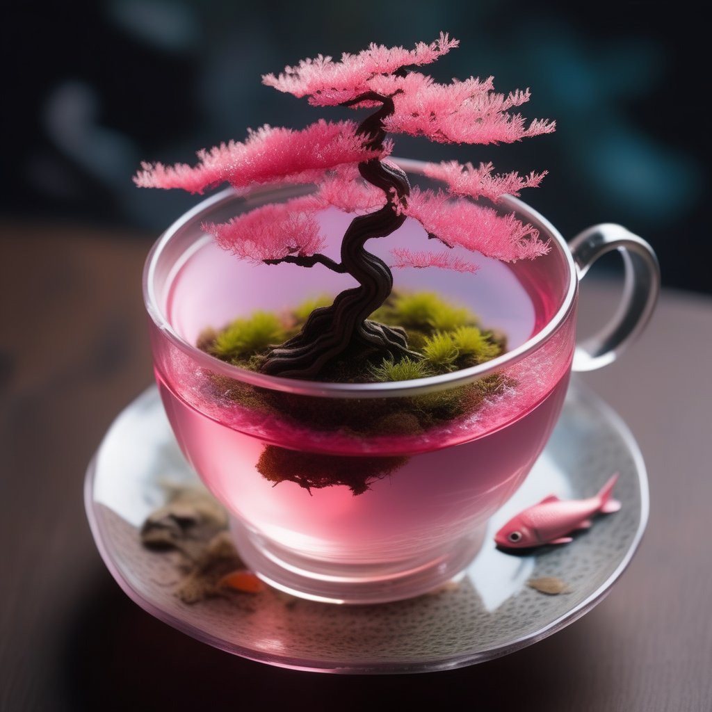 mini bonsai in a tea cup, pink leaf, sparkle, transparent tea cup, smoke around, fishes in a cup,