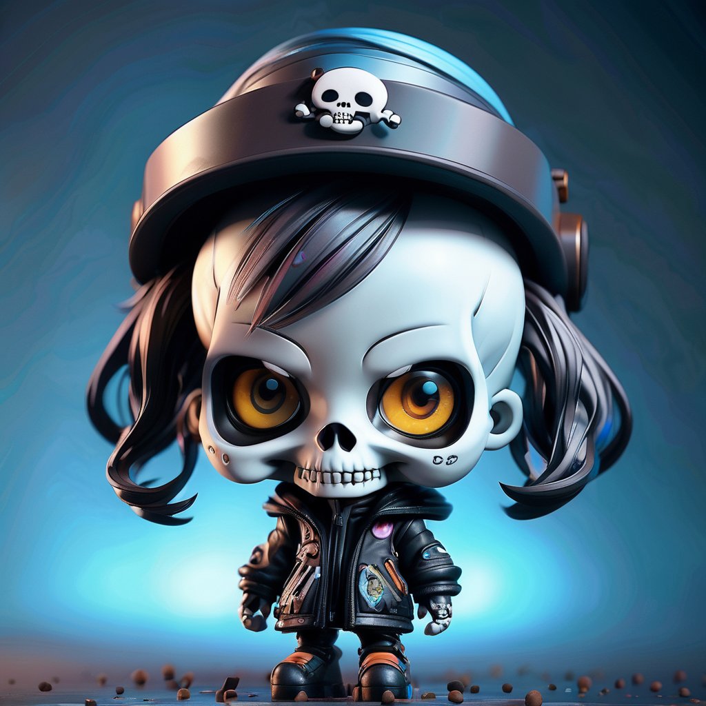 portrait of a grungy skull anime and chibi very cute doll by super ss, cyberpunk fashion, nendoroid, kawaii, cyberpunk fashion, character modeling, maximalist sculpted design, toy design, substance 3 d painter, vray, soft vinyl, trending in artstation