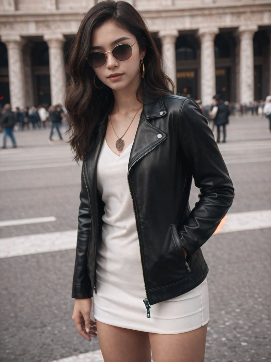 Background is St. Peter’s Square in the Vatican,
18 yo, 1 girl, beautiful korean girl,standing in the center of square,wearing black dress, leather bike jaket,sunglasses, cloth blowing by wind,
solo, {beautiful and detailed eyes}, dark eyes, calm expression, delicate facial features, ((model pose)), Glamor body type, (dark hair:1.2),very_long_hair, hair past hip,curly hair,bangs,
simple tiny necklace,simple tiny earrings, flim grain, realhands, masterpiece, Best Quality, 16k, photorealistic, ultra-detailed, finely detailed, high resolution, perfect dynamic composition, beautiful detailed eyes, eye smile, ((nervous and embarrassed)), sharp-focus, full_body, cowboy_shot, ,GothGal,0ff1c3_3,bzsohee