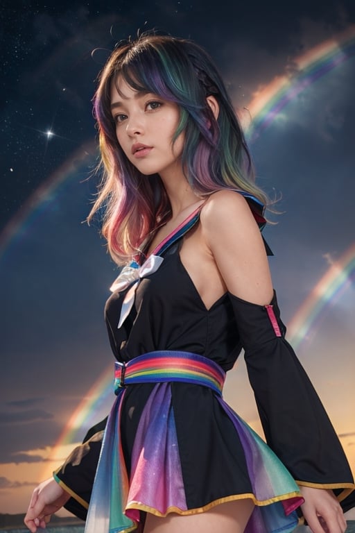 ((extremely detailed CG)),((8k_wallpaper)),(((masterpiece))),((best quality)),watercolor_(medium),((beautiful detailed starry sky)),cinmatic lighting,loli,princess,very long rainbow hair,side view,looking at viewer,full body,frills,(far from viewer),((extremely detailed face)),((an extremely delicate and beautiful girl)),((extremely detailed cute anime face)),((extremely detailed eyes)),(((extremely detailed body))),(ultra detailed),illustration,((bare stomach)),((bare shoulder)),small breast,((sideboob)),((((floating and rainbow hair)))),(((Iridescence and rainbow hair))),(((extremely detailed sailor dress))),((((Iridescence and rainbow dress)))),(Iridescence and rainbow eyes),beautiful detailed hair,beautiful detailed dress,dramatic angle,expressionless,(big top sleeves),frills,blush,(ahoge)