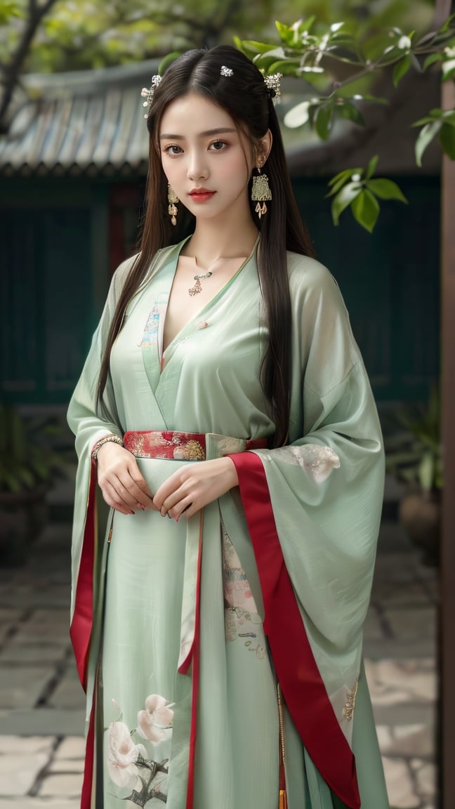 (photorealistic, best quality, ultra high res, extremely detailed eyes and face:1.3),(1girl, solo:1.3),skirt,jewelry,long_hair,necklace,earrings,perfect body,standing,looking at viewer,chinese clothes,china dress,hanfu,