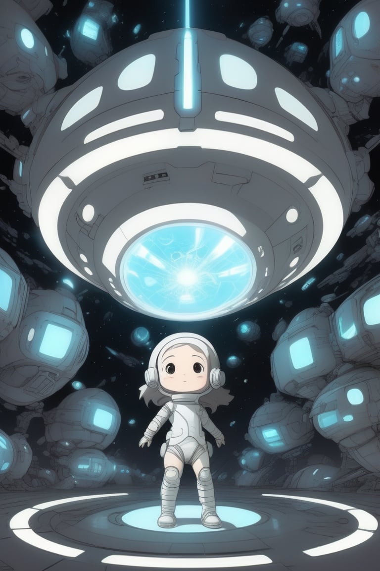 avatar cute, adorable girl, Girl in underpants, spaceship inside, Tsutomu Nihei style, Sidonia no Kishi, gigantism, laser generator, multi-story space, futuristic style, Sci-fi, laser at center, laser from the sky, energy clots, acceleration, light flash, speed, anime, drawing, full body, chibi,