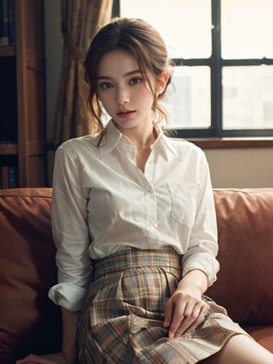 (masterpiece,best quality:1.5),ultra realistic,32k,RAW photo,(high detailed skin:1.2), 8k uhd, dslr, soft lighting, high quality, film grain,lots of details ,pleated skirt , button down shirt ,pretty lady , royal style, gold  accessories,, 1girl, anime