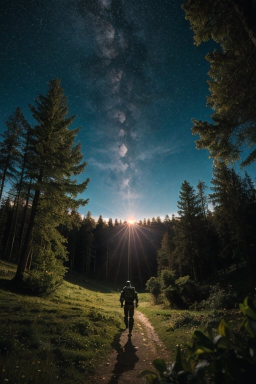 Dawn , intricate, technology suit, recognizing the land, into the forest,only light of the stars, wonderful sky, view from the low, deep background, cinematic light. dynamic light