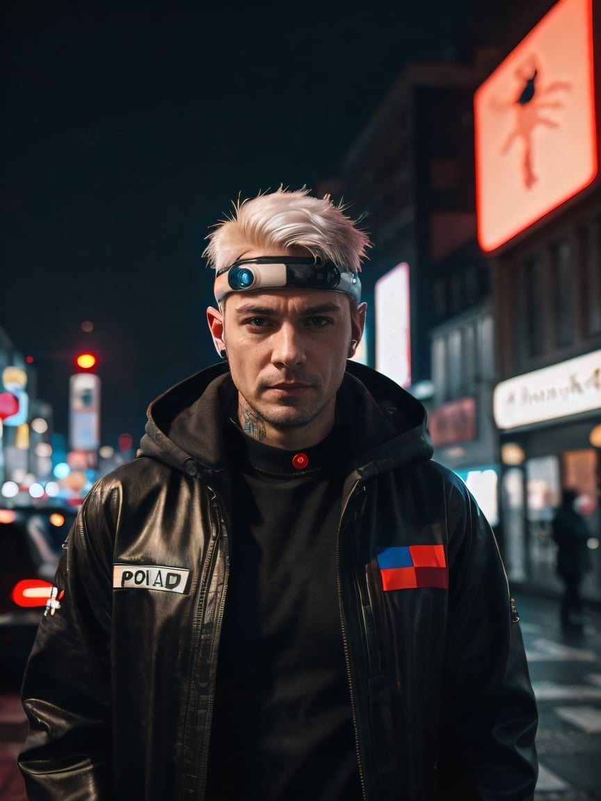 cyberpunk style, cute nice man on cyberpunk, cyberpunk style, cyberpank city, add coat of arms poland, black background, black eyes, with Poland Flag, white hair, short hair
