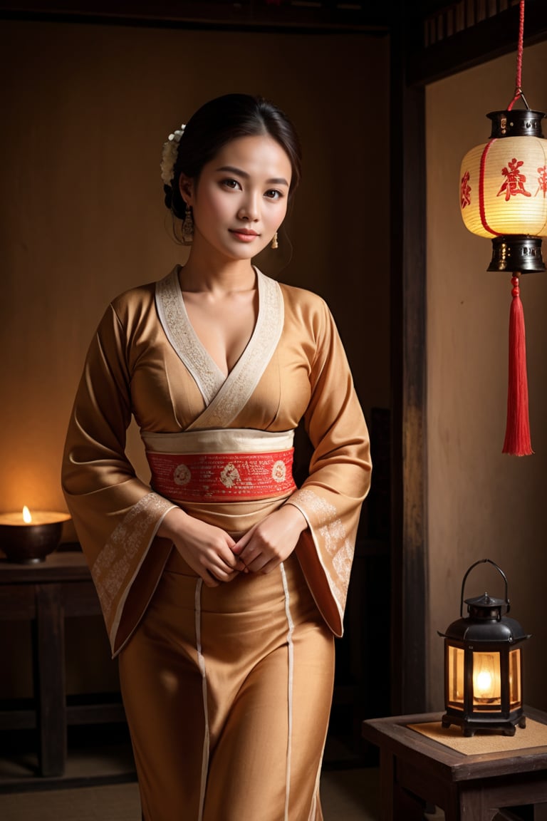 masterpiece, high quality, oil painting style, 1brown village belle, traditional curved revealing  blouse, oil lantern only source of light in room, her eyes explain a newlywed's  yearning, traditional village rope bed backdrop 