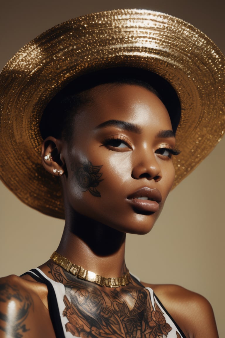 photograph, concept art, Adroit Enticing supermodel, (wearing intricately detailed isf:1.5) , (short messy hair) , (slim, toned, flat chest, small breasts) , Gold Cold hair, [Archean| Filipino] Hat, Afropunk, side lit, film grain, Kodak portra 400, Low shutter, extremely hyper aesthetic, art by Derek Gores, Nikon d850 film, hyper-realistic, real-life texture, dramatic, lighting, unreal engine, (facial clarity:1.5) , tattoo,