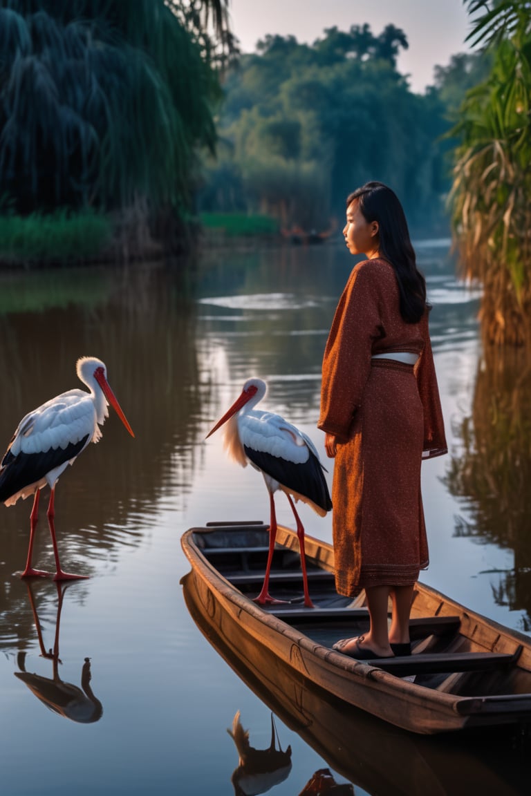 1girl standing on a small boat on the blue river, storks parked along the river banks, asian girl,
8k, UHD, HDR, (Masterpiece:1.5), (best quality:1.5),