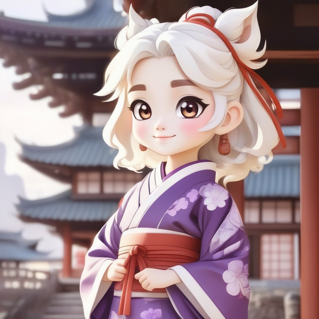 avatar cute, adorable blonde girl, a happy beautiful white-haired anime wolf girl wearing purple kimono, wavy hair, anime, beautiful face, portrait, soft lighting, blur, flare, detailed accessories, graceful pose, detailed face, detailed kimono, detailed Japanese building background, trending on pixiv, chibi,