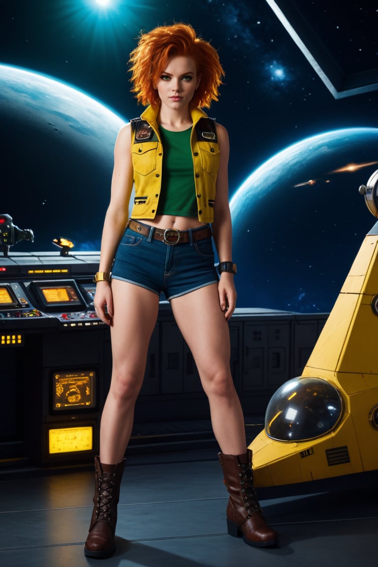 masterliece, high quality, high_res, 8K, 
sci_fi setting, cosmo opera, beautiful  ginger woman as cosmo pirate in punk style, green t_shirt, yellow vest, denim shorts, boots. space ship background, fusion intricate style from Cowboy Bibop anime and pretentious atmosphere from Mass Effect videogame, detailed background, sharp focus, contrast lighting, detailed eyes