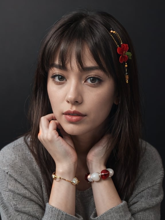 (Masterpieces,highest quality,8k,realistic hyper - detail,absurdres,), 1girl,solo,black hair,long hair,jewelry,bangs,looking at viewer,blunt bangs,grey eyes,branch,bracelet,upper body,ring,flower,lips,straight hair,hand up,closed mouth,black background,red lips,japanese clothes,beads,long sleeves