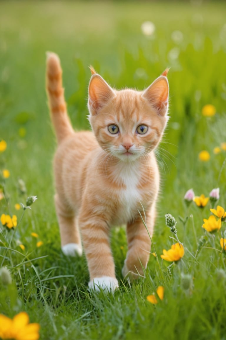 there is a small orange kitten walking through a field of grass, cute and adorable, beautiful and cute, cute kitten, ginger cat, adorable appearance!!!, an adorable kitten, adorable and cute, cute and lovely, cute cat photo, lovely and cute, cuteness, aww, in a field of flowers, beautiful picture of stray, cute cat, !! looking at the camera!!