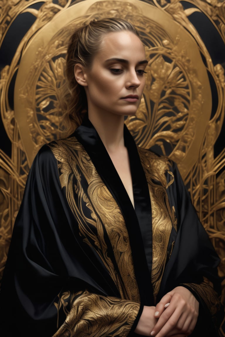 realism, beautiful, photo realistic, detailed, art nouveau, girl like Alex Garland, wearing a golden and black robe with calligraphy on it, ultra detailed, photorealistic, highly detailed, cinematic,