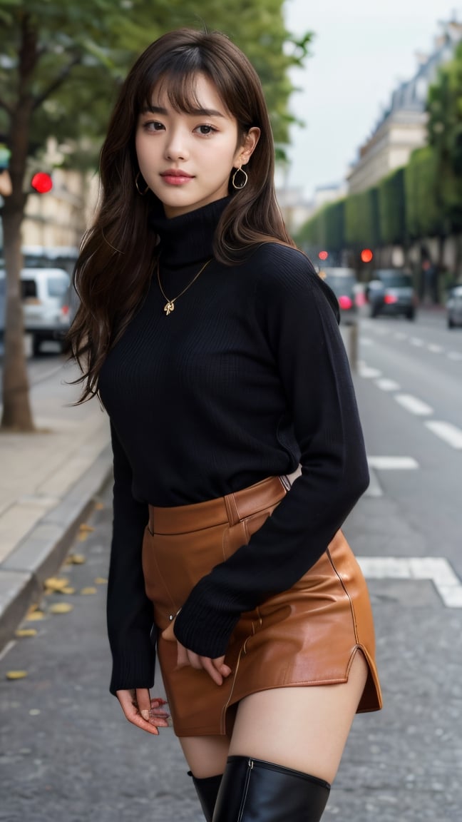 background is street,the Arc de Triomphe,triumphal arch,Paris,
18 yo, 1 girl, beautiful korean girl,
wearing tight black sweater(turtle neck,simple),tight leather short skirt,black long boots,shoulder bag, smile, solo, {beautiful and detailed eyes}, dark eyes, calm expression, delicate facial features, ((model pose)), Glamor body type, (dark hair:1.2), simple tiny earrings, simple tiny necklace,very_long_hair, hair past hip, bangs, curly hair, flim grain, realhands, masterpiece, Best Quality, 16k, photorealistic, ultra-detailed, finely detailed, high resolution, perfect dynamic composition, beautiful detailed eyes, eye smile, ((nervous and embarrassed)), sharp-focus, full_body, cowboy_shot,