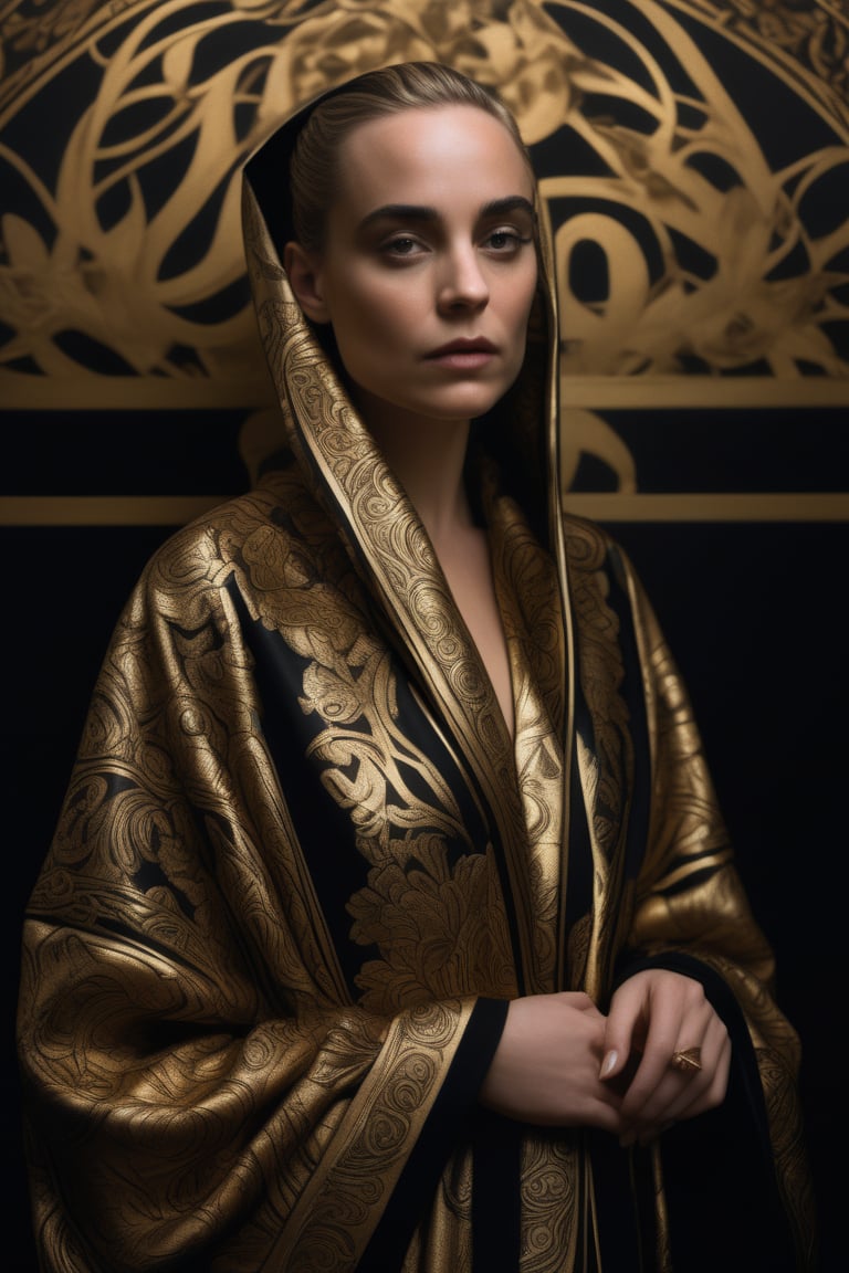 realism, beautiful, photo realistic, detailed, art nouveau, girl like Alex Garland, wearing a golden and black robe with calligraphy on it, ultra detailed, photorealistic, highly detailed, cinematic,