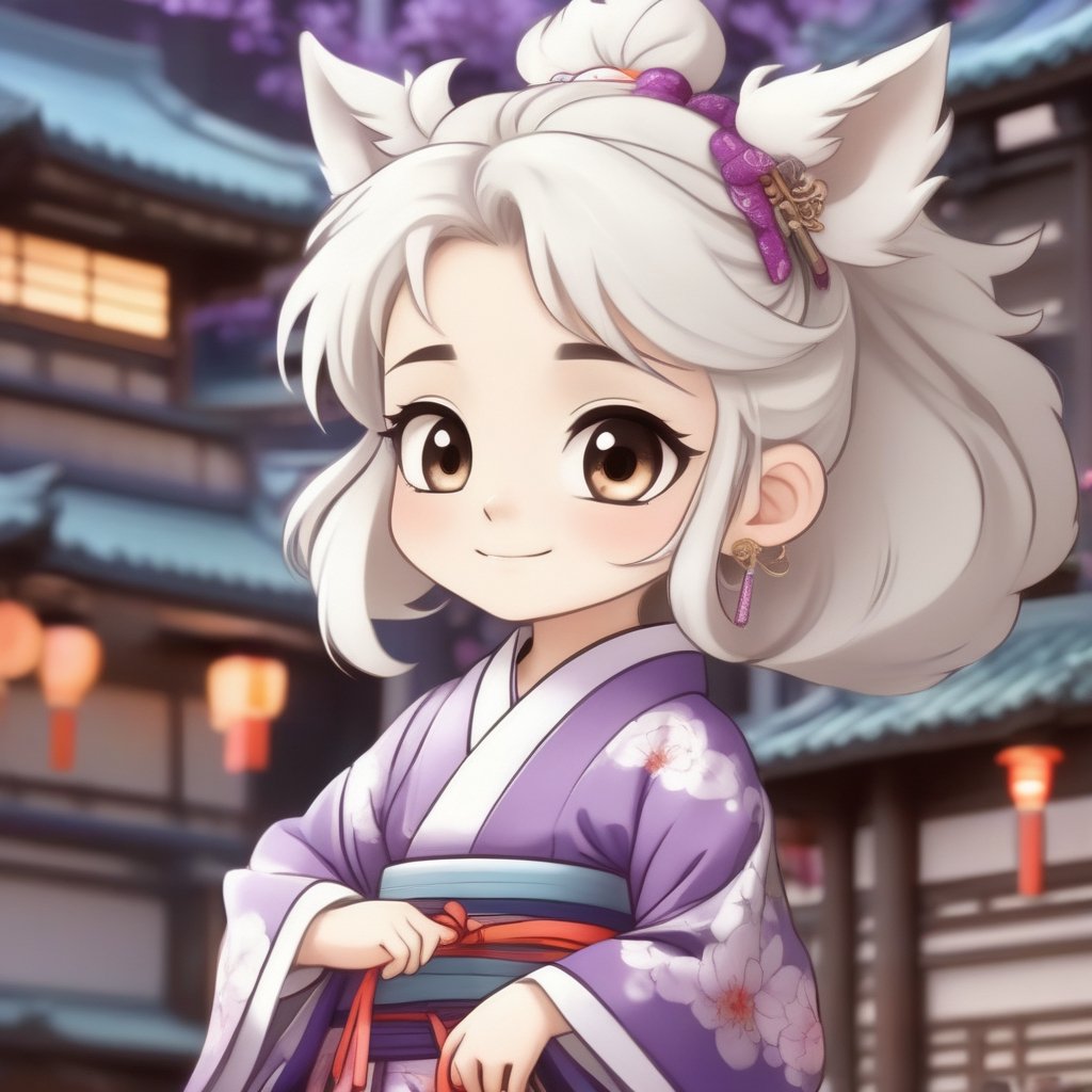 avatar cute, adorable blonde girl, a happy beautiful white-haired anime wolf girl wearing purple kimono, wavy hair, anime, beautiful face, portrait, soft lighting, blur, flare, detailed accessories, graceful pose, detailed face, detailed kimono, detailed Japanese building background, trending on pixiv, chibi,