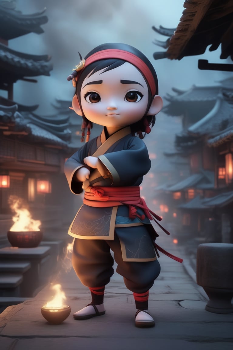 avatar cute, adorable girl, full body, chibi, a woman in authentic ninja uniform| burning village in the background| smoke| Full body| centered| key visual| highly detailed| breathtaking beauty| volumetric fog| comprehensive cinematic| dynamic pose| artgerm| anna dittmann | dusk| cinematic lighting|, simple line,