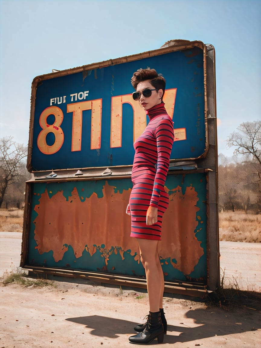 front profile full body Photography, in font of a rusty billboard, a hip hop 80's British model woman with 50's haircut, in a white and red zig zag stripes turtleneck dress and large sunglasses, 80 degree view, art by Sergio Lopez , Natalie Shau, james jean and salvador dali
