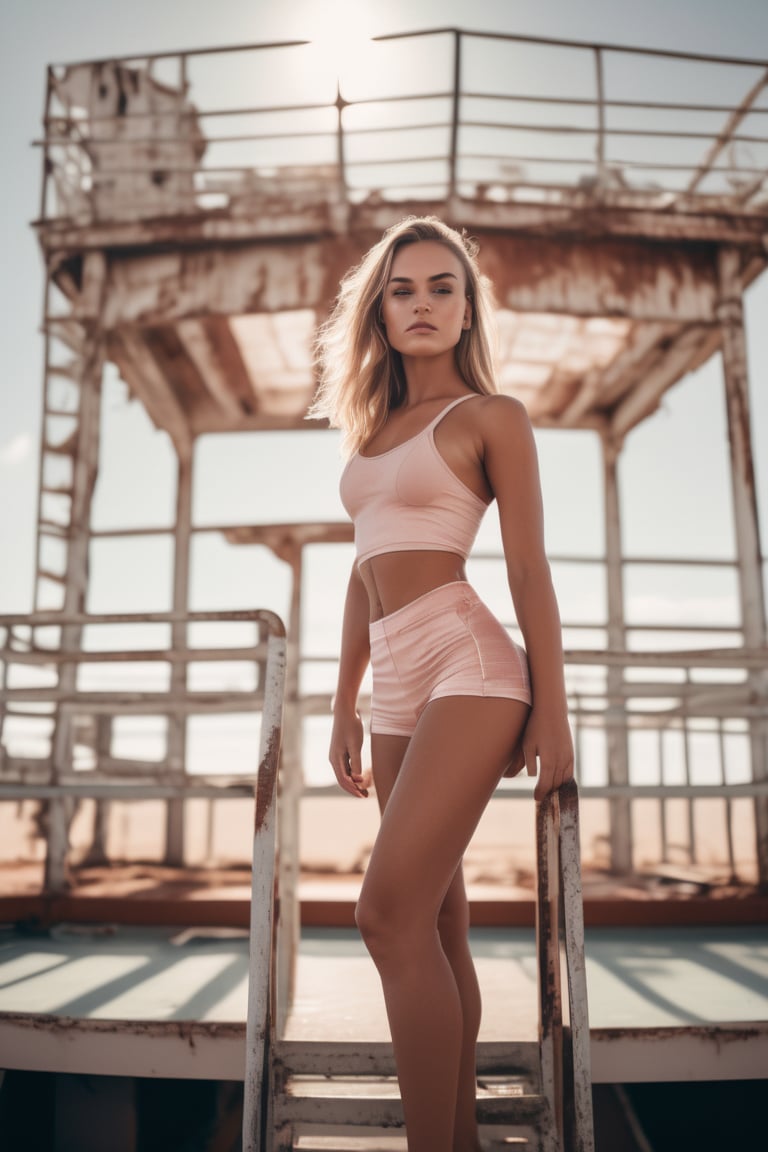 1girl, a girl as a lifeguard, Standing with hands on hips, looking down at the ground, in the sun on a white lifeguard tower, Swim board, skinny, abs, ribs, flat chested, small breasts (perfect anatomy), (detailed eyebrows, beautiful eyes, realistic skin, detailed face:1.3), A-line skirt, Rose gold hair, Straight hair, (intricately detailed post apocalyptic ruins ((intricately detailed rusty decayed overgrown building)) , ultra realistic, concept art, elegant, highly detailed, intricate, sharp focus, depth of field, f/1.8, 85mm, medium shot, mid shot, (centered image composition), (professionally color graded), ((bright soft diffused light)), volumetric fog, trending on instagram, trending on tumblr, hdr 4k, 8k ,