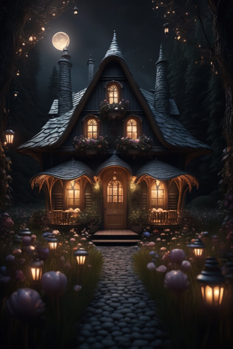 a fairy tale wonderland with nature and a small magical house in the middle, extremely detailed, dark environment, lit house, lanterns, symmetrical view, extremely detailed house, wooden house, incredible, amazingly beautiful, maximum details, bloom, light rays, ambient occlusion, photorealism, raw photo, cinematic photo