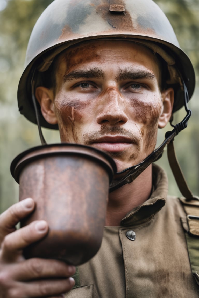 portrait soldier wearing rusty helmet hold iron water cup, detail skin, pore, masterpiece, best quality,realistic, raw photo,