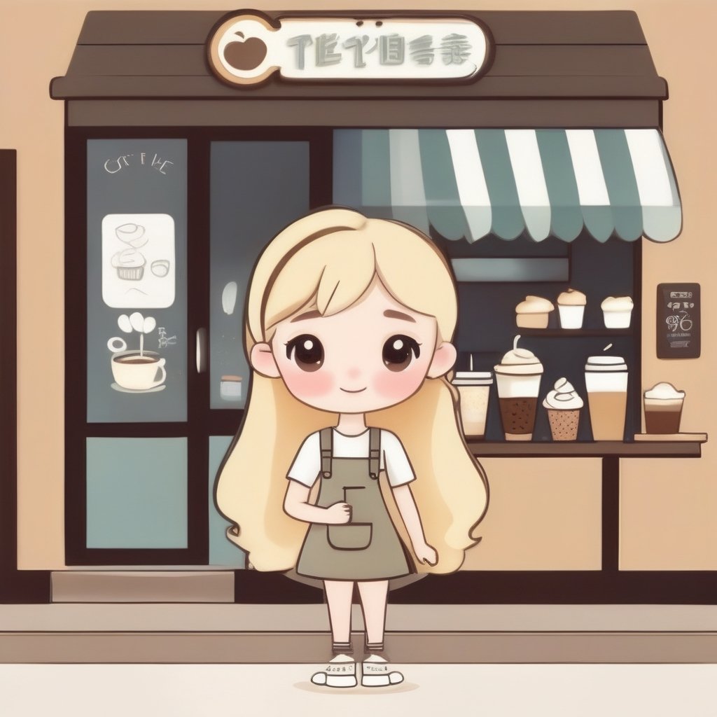 avatar cute, adorable blonde girl, wearing cute outfit standing outside coffee shop, full body, chibi,