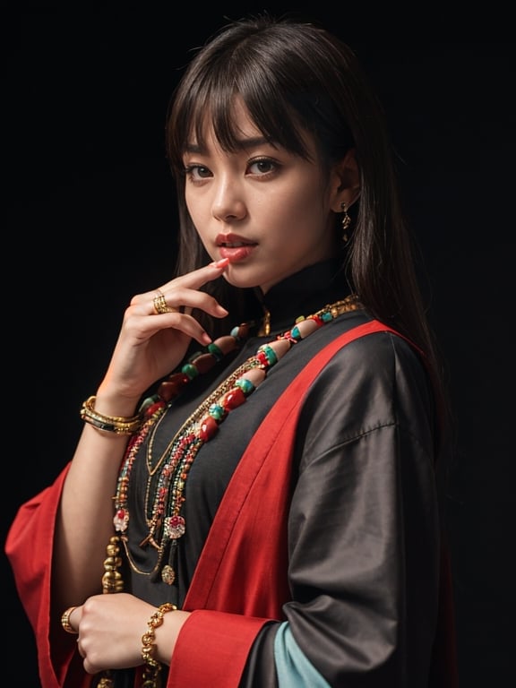 (Masterpieces,highest quality,8k,realistic hyper - detail,absurdres,), 1girl,solo,black hair,long hair,jewelry,bangs,looking at viewer,blunt bangs,grey eyes,branch,bracelet,upper body,ring,flower,lips,straight hair,hand up,closed mouth,black background,red lips,japanese clothes,beads,long sleeves