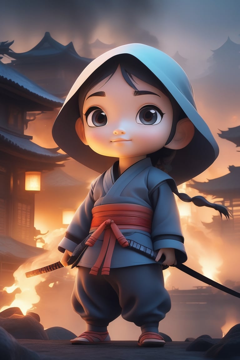 avatar cute, adorable girl, a woman in authentic ninja uniform, burning village in the background, breathtaking beauty, volumetric fog, dynamic pose, artgerm| anna dittmann | dusk| cinematic lighting|, anime, drawing, full body, chibi,