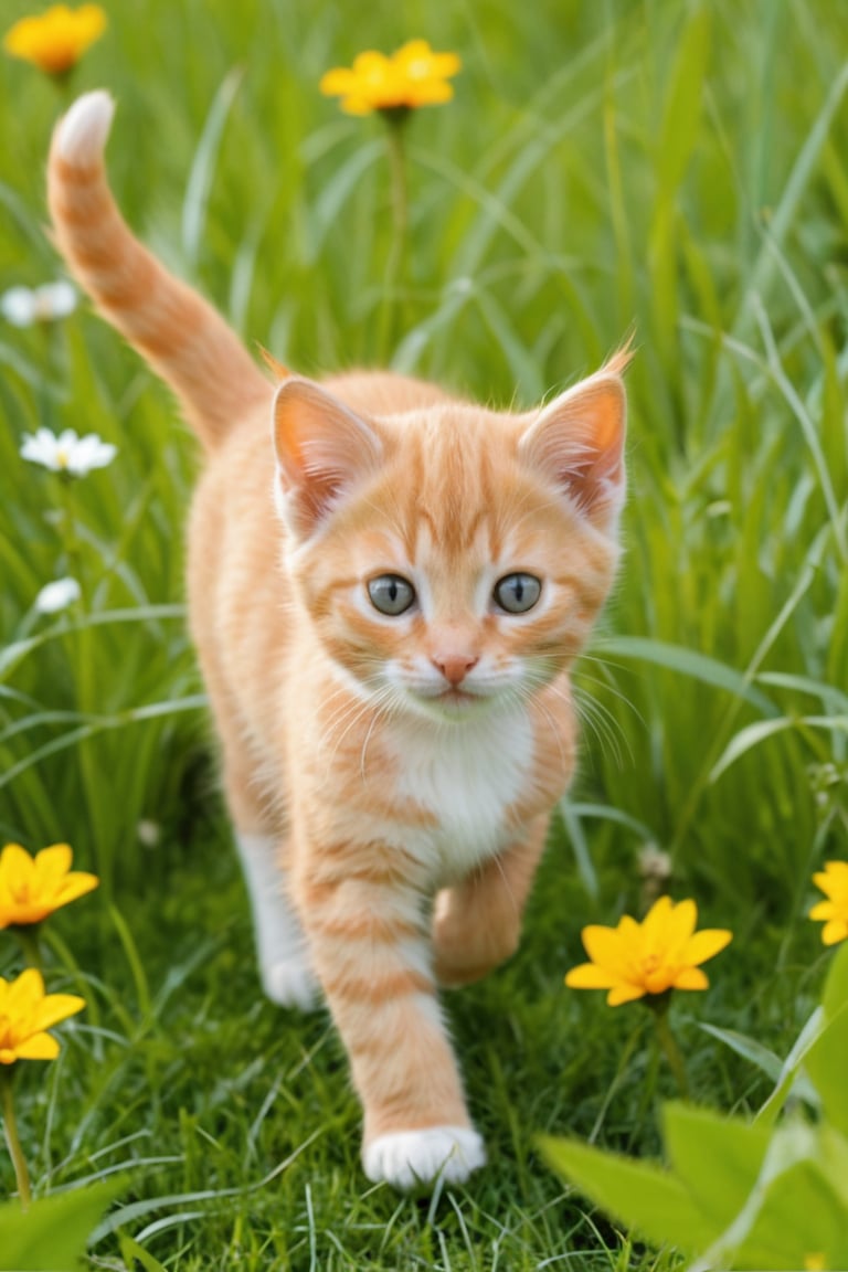 there is a small orange kitten walking through a field of grass, cute and adorable, beautiful and cute, cute kitten, ginger cat, adorable appearance!!!, an adorable kitten, adorable and cute, cute and lovely, cute cat photo, lovely and cute, cuteness, aww, in a field of flowers, beautiful picture of stray, cute cat, !! looking at the camera!!