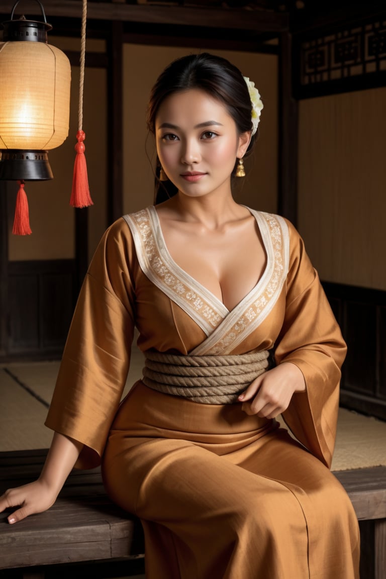 masterpiece, high quality, oil painting style, 1brown village belle, traditional curved revealing  blouse, oil lantern only source of light in room, her eyes explain a newlywed's  yearning, traditional village rope bed backdrop 