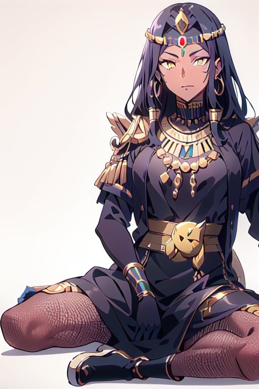 Egyptian goddess of Cats, beautiful detailed face, gold cat crown, gold jeweled scepter, full-body-shot, heroic pose, long shiny hair, dark_skinned_female, sitting on gold satin pillows, ancient_egyptian pyramid in background 