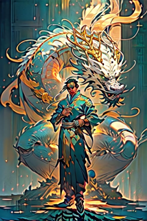 Black man foreground standing in a emerald green Chinese Martial Arts uniform, trimmed on gold and silver.  Chinese dragon made entirely of platinum, shimmering and glowing, intricate platinum texture, majestic and elegant, radiant silver hues, sparkling with light, (masterpiece: 2), best quality, ultra highres, original, extremely detailed, perfect lighting, fantasy theme, regal aura,long