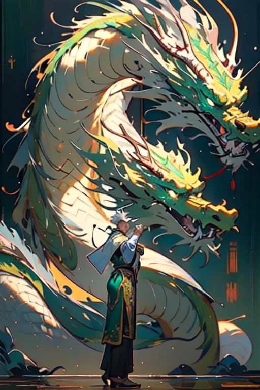 Black man foreground standing in a emerald green Chinese Martial Arts uniform, trimmed on gold and silver. Chinese dragon made entirely of platinum, shimmering and glowing, intricate platinum texture, majestic and elegant, radiant silver hues, sparkling with light, (masterpiece: 2), best quality, ultra highres, original, extremely detailed, perfect lighting, fantasy theme, regal aura,long