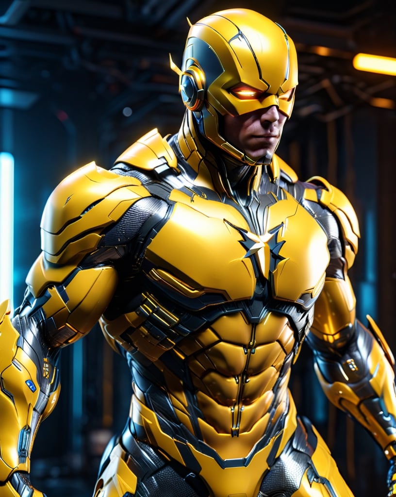 full body, facing the camera, hero pose, 3D rendering of [Flash], muscles, highly detailed eyes, highly detailed body with cybernetics and yellow and back armor, action pose, dynamic shot, intricately detailed, hdr, 8k, subsurface scatter , specular lighting, high resolution, octane rendering, ray tracing, neon,