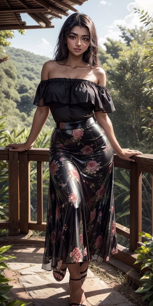 Exactly the image attached, Single Realistic 25 years old Beautiful young sri lankan woman, shiny honey skin tone, lovely face, nice blushing cheeks, round lower lip, long black shiny hair, nature background,floral clothes,long skirt,natural light,Sexy Pose,off shoulder ,hourglass body shape