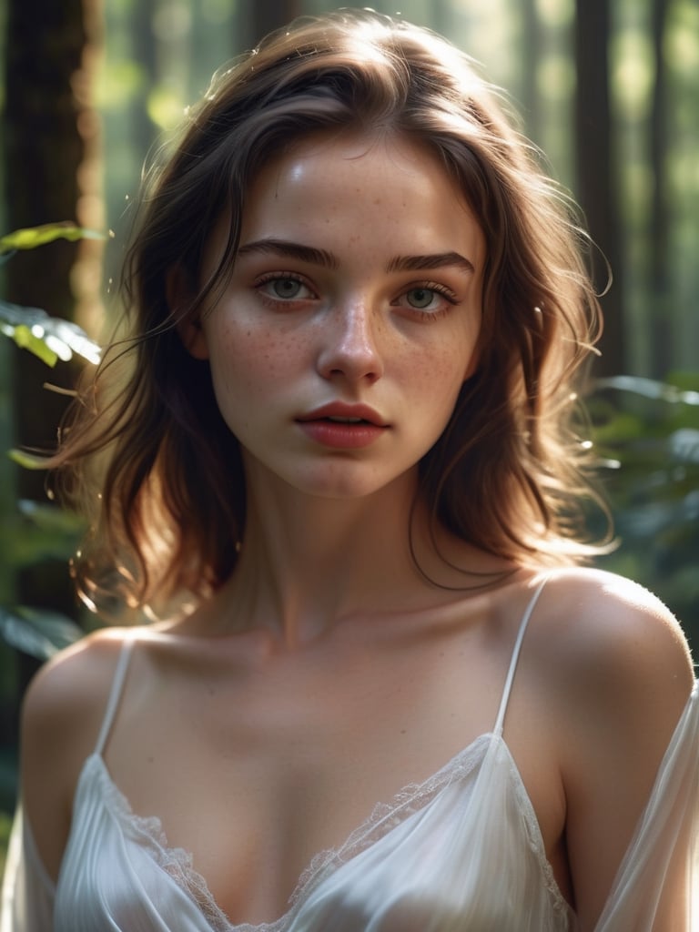 Hyper realistic photo of a 20 years old pretty European woman, pretty face, close up photo up to tummy, cleavage,  transparent white night dress, silk clothes, nature forest background, deep details, skin texture, chin cleft, black shiny hair, small breast, less clothes, ,photorealistic,Masterpiece, sunlight going through her body, body freckles,Sexy Pose
