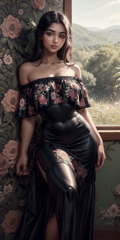 Exactly the image attached, Single Realistic 25 years old Beautiful young sri lankan woman, shiny honey skin tone, lovely face, nice blushing cheeks, round lower lip, long black shiny hair, nature background,floral clothes,long skirt,natural light,Sexy Pose,off shoulder ,hourglass body shape, 1920s floral wallpaper wall
