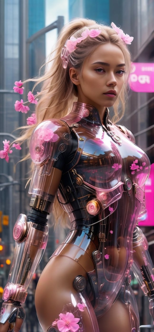Imagine a beautiful cyborg with a translucent glowing glass body with pink flowers and clockwork completely visible through her translucent glass body walking through a futuristic city, flowy hair,  fantasy, work of beauty and complexity, 8k UHD, hyperdetailed ultrarealistic face, hazel eyes ,cyborg style,  glowing translucent glass, amber glow,steampunk style, glass body, 80mm digital photo , wide_hips,  translucent seethrough glass like body,Leonardo Style,cyberpunk style